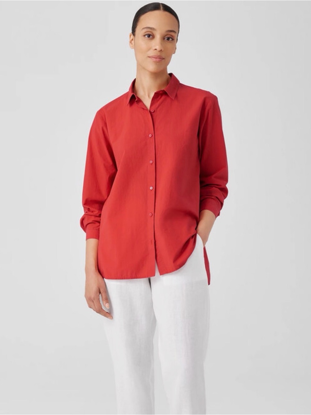Eileen Fisher Washed Red Cotton Poplin Classic Collar Shirt